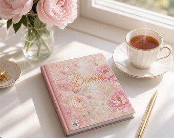 Personalisiertes Notizbuch mit floralem Muster (Hardcover) | Matt laminierter Einband, liniertes Notizbuch (Rosa Pfingstrosen)