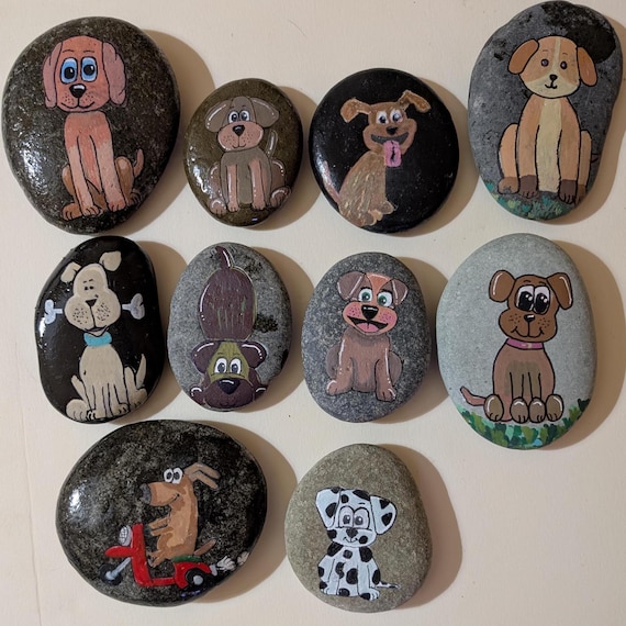 Handpainted dog stones. Canine medium size rocks. Acrylic painted dog stones.