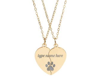 Paw Print & Dog's Name in Break Apart Heart necklace set