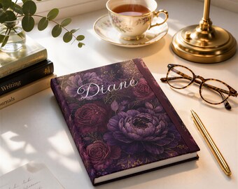 Lila-florales Hardcover-Notizbuch | Liniertes Notizbuch | Mattes Cover | Personalisierbar, 150 Seiten