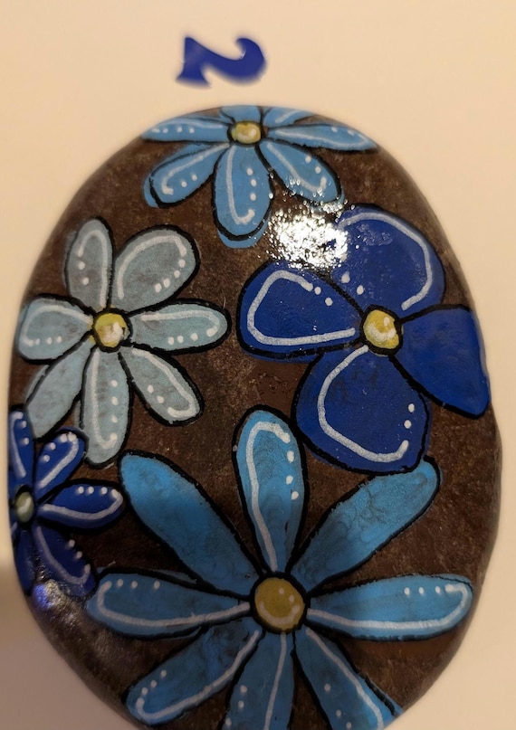 Handpainted Blue Floral River Rock: Whimsical Garden Decor, Desk Paperweight (4"x3")
