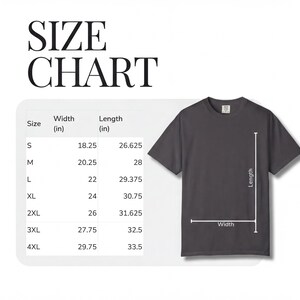 a size chart for a t-shirt, with the chart providing measurements for different shirt sizes.