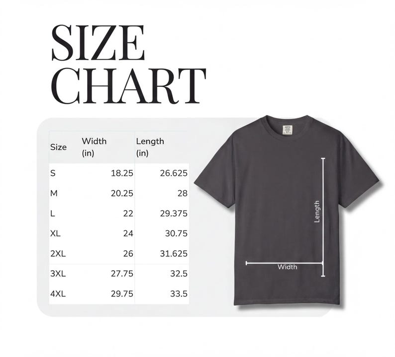 a size chart for a t-shirt, with the chart providing measurements for different shirt sizes.