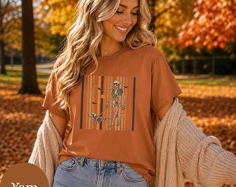 Skeleton Walking Dog T-shirt | Retro Striped Halloween Illustration