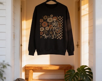 Dachshund Sweatshirt, Black Floral Skeleton Crewneck | 50/50 Cotton-Poly Blend