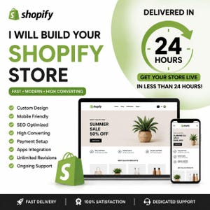 Peut inclure: Image promotionnelle pour les services de développement de boutiques Shopify. L'image présente un ordinateur portable et un smartphone affichant un site Web, un sac de magasinage et le texte "Je construirai votre boutique Shopify" et "Soldes d'été 50% de réduction". L'image comprend également le texte "Livré en 24 heures".