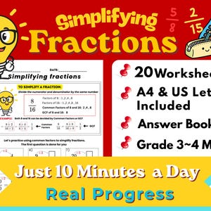 Hojas de ejercicios para simplificar fracciones / Matemáticas de 3.º y 4.º grado / PDF / Práctica paso a paso / Matemáticas para educación en casa / Práctica de fracciones / Formatos A4 y carta estadounidense