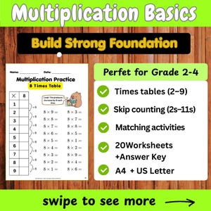 Op de afbeelding: Educatief werkblad getiteld "Multiplication Basics" met de tekst "Build Strong Foundation". Bevat vermenigvuldigingsoefeningen voor de 8-tafel, overslaan en bijpassende activiteiten. Perfect voor groep 2-4. Bevat 20 werkbladen en een antwoordsleutel.