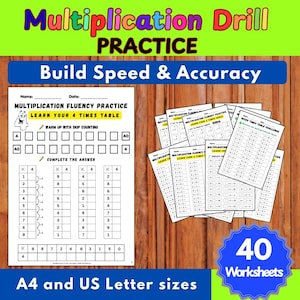 May include: A collection of 40 multiplication drill worksheets. The image displays practice sheets focusing on multiplication, including the 4 times table. Text on the worksheets includes "Multiplication Fluency Practice" and "Build Speed & Accuracy". The worksheets are A4 and US Letter sizes.