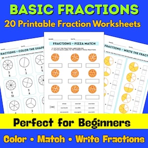 Può includere: Tre fogli di lavoro sulle frazioni stampabili per principianti, con esercizi per colorare forme, abbinare frazioni di pizza e scrivere frazioni. L'immagine mostra il testo "Basic Fractions" e "20 Printable Fraction Worksheets".
