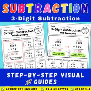 May include: Two educational worksheets for 3-digit subtraction with regrouping, featuring math problems, instructional text, and stick figure illustrations. The pages include spaces for names, dates, and scores, with clear step-by-step visual guides.