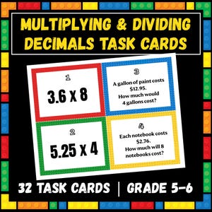 May include: Educational task cards for multiplying and dividing decimals, featuring four numbered cards with math problems and word problems. The cards are framed in red, blue, green, and yellow, set against a black background with a colorful block border.