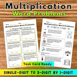 Op de afbeelding: Twee educatieve werkbladen getiteld Multiplication Word Problems. Het linkerblad bevat zes vermenigvuldigingssommen met één cijfer en vakjes voor antwoorden. Het rechterblad bevat vier sommen met 3 cijfers vermenigvuldigd met 1 cijfer en diverse iconen.