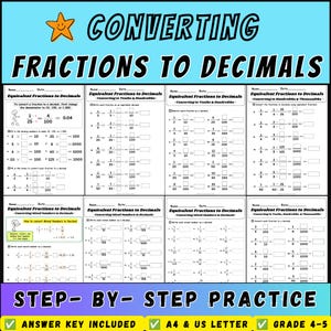 May include: A collection of eight educational worksheets titled Converting Fractions to Decimals, featuring math problems for students. The pages include step-by-step practice for converting fractions to decimals, mixed numbers, and equivalent fractions.