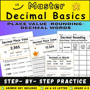 May include: Educational worksheets titled Master Decimal Basics, featuring exercises on place value, rounding, and decimal words. The pages include tables, number examples like 2.365 and 15.324, and practice problems for grades 4-5, with text indicating A4 and US letter size.