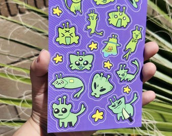 Foglio di adesivi impermeabili 4x6 con il meme del gatto alieno - buffo :3