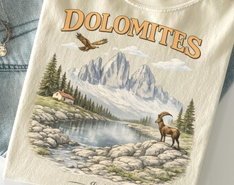 Dolomites Landscape T-shirt | Mountain Lake, Alpine Goat, Scenic Italy