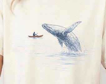 Breaching Humpback Whale Kayaker T-shirt | Etched-Style Ocean Scene