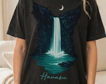 Havasu Falls Night Graphic T-shirt | Glowing Aqua Water, Crescent Moon | Comfort Colors