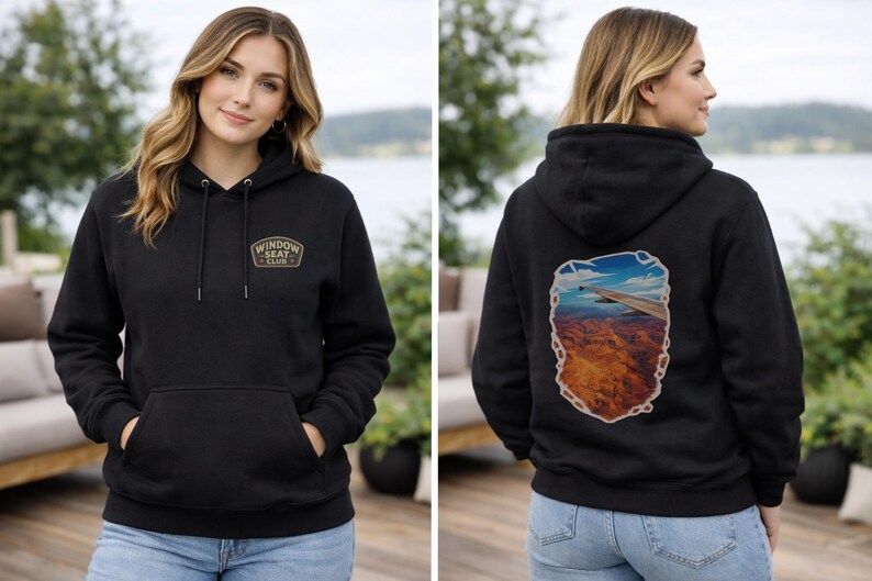 May include: Black hoodie with a front pocket and drawstring hood. The front features a gold and brown patch that reads "Window Seat Club". The back of the hoodie displays an image of an airplane wing over a landscape.