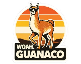 Woah Guanaco Sticker | Kiss-Cut Vinyl Sticker, Retro Sunset Llama Design