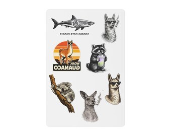 Quirky Animal Mix Temporary Tattoos | Shark Llama Guanaco Raccoon Koala Sticker Sheet