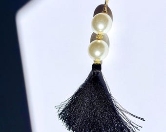 Adjustable Long Black Tassel Necklace With Pearls, Leather Cord, Long Pearl Necklace