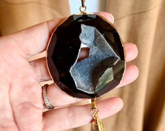 Black Agate Tassel Necklace, Adjustable Leather Cord, Boho Jewelry