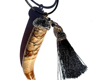 Vintage Suede Cord Necklace, Metal Horn Pendant, Rodeo Style