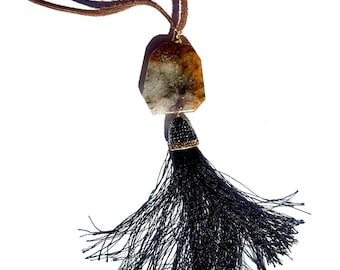 Vintage Suede Cord Necklace, Agate with Tassel, Rodeo Style