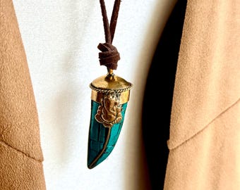 Vintage Suede Cord Necklace, Metal Horn Pendant, Rodeo Style