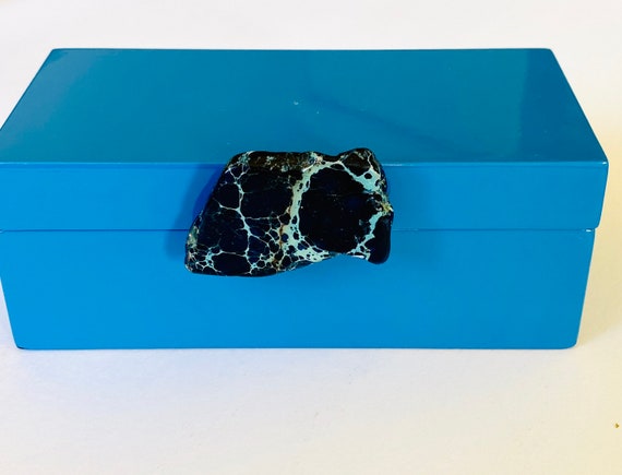 Medium Blue Lacquer Box with Blue Ocean jasper, Agate box, Bridal box, watch box, ring box, Gift for him, blue jasper knob box