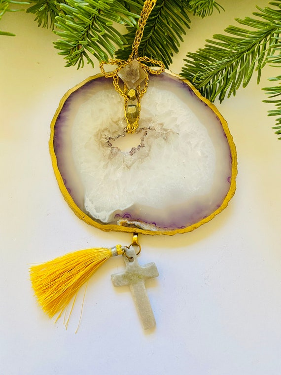 Agate Christmas ornament, ornament, agate sun chaser, Agate decor, gifts for her, Agate, gemstone home decor, Cross ornament