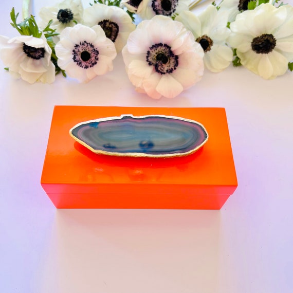 Orange Lacquer Box with Blue Agate, Orange box, Jewelry box, Ring Box, Bridal Gift box, Blue Agate, Orange gift box, Agate box, wedding box