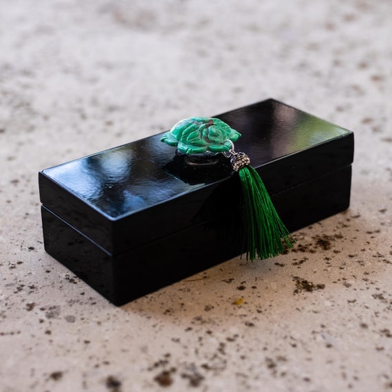 Small Black Lacquer Box w/ Chrysoprase Green  Carved Flower Gemstone Fleur and Tassel