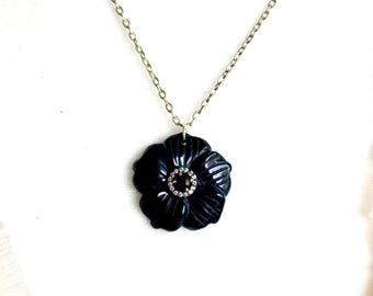 Carved Black Onyx Flower Pendant Necklace, Boho Chic