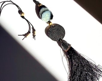Long Black Tassel Necklace, Agate, Vintage Metal Beads, Leather Cord
