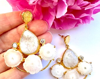White Solar Quartz Fan Earrings, Gold Plated Gemstone Dangle