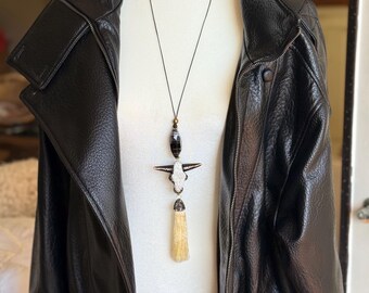 Longhorn Tassel Leather Cord Necklace, Agate Pendant, Rodeo Style