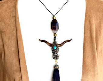 Longhorn Tassel Leather Cord Necklace, Agate Pendant, Festival Style