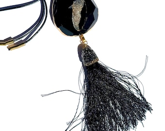 Black Agate Tassel Necklace, Adjustable Leather Cord, Boho Pendant, Minimalist Necklace