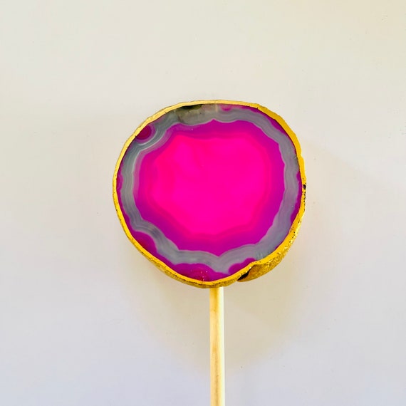 Pink agate Lollipop, Agate on Stand, pink Agate, Agate home decor, Agate Geode Gift, Chakra Gift, Rock Candy, Agate cake topper, cake topper