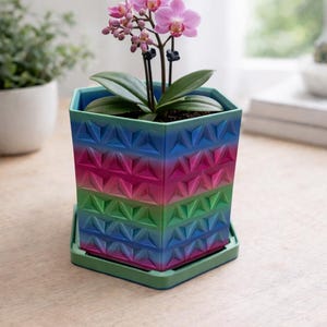 May include: A vibrant, geometric planter with a gradient of colors, including blue, pink, and green, houses a delicate orchid with pink flowers. The planter sits on a matching green saucer, creating a modern and colorful display.