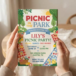 Picnic In The Park Party Invitation Editable Canva Template Custom Digital Download Summer BBQ Invite Instant Gingham Gathering Spring