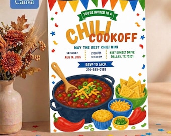 May include: A Chili Cookoff invitation card featuring a large pot of chili with a wooden spoon, tortilla chips, a muffin, and red peppers. The text reads: You're invited to a Chili Cookoff, May the best chili win, Saturday Aug 14, 2026, 2:00 PM to 5:00 PM, 4567 Sunset Drive, Dallas, TX 75201, RSVP to Jack 214-555-0198.