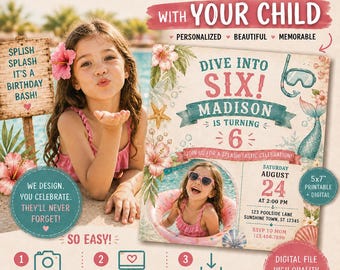 Meerjungfrau Geburtstagseinladung Pool Party einladen Digital Druckbare Karte Personalisierte Mädchen Strand Feier Sommer Kind Fotomitteilung