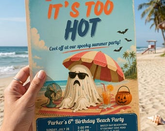 Summerween Geist Geburtstagseinladung Es ist Zu Heiß Strandparty Einladen Süßer Geist Canva Vorlage Digitaler Download Summerween Invite Halloween