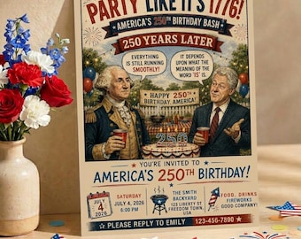 America 250 Partyeinladung, Gründerväter BBQ-Einladung, George Washington Feuerwerksparty, Vaterländische Kochen-Vorlage