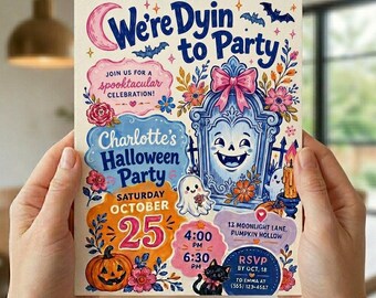 Halloween Einladung Vorlage Waren Dyin To Party Gruselige Einladung Haunted Friedhof Ghost Cat Bearbeitbare Canva Vorlage Digitaler Download