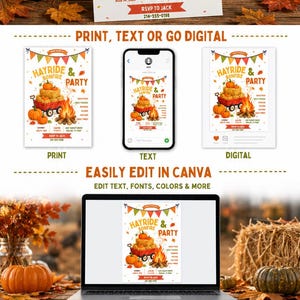 May include: A white invitation template featuring orange, green, and brown bunting, a red wagon filled with pumpkins, and a bonfire illustration. Text includes Hayride & Bonfire Party, event details, and RSVP information for Jack.